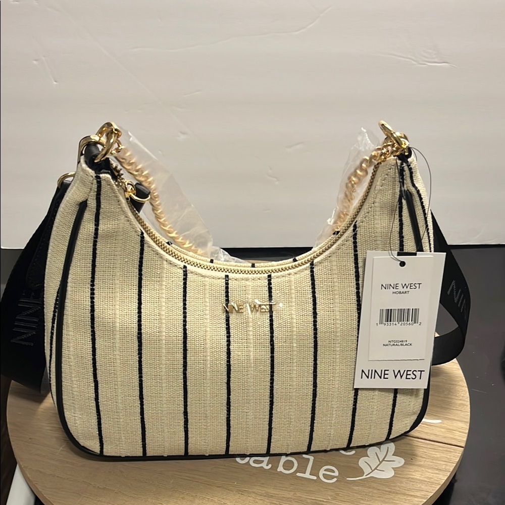 Nine West Cream and Black Striped Shoulder Bag